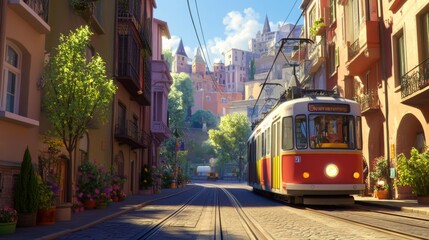 Naklejka premium Scenic Tram Ride Through Charming Urban Streets