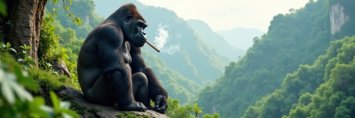 Obraz premium Large gorilla sits on rock overlooking jungle with cigar smoke rising from mouth, tropical, jungle, smoking
