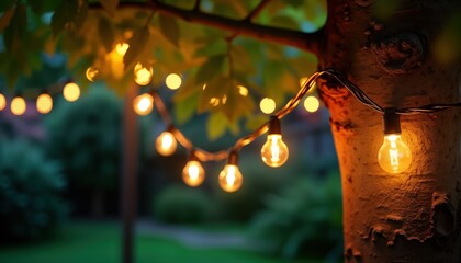 Warm string lights decorate garden tree at night. Festive lights illuminate backyard. Evening ambiance. Outdoor decor creates inviting atmosphere. Illuminated garden suggests gathering celebration.