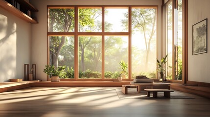 Serene Sunrise: 3D Render of a Tranquil Minimalist Room. AI Generated