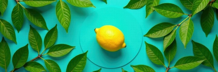 Single lemon placed in the center of a bright cyan circle, filled with green foliage, botany, fruit