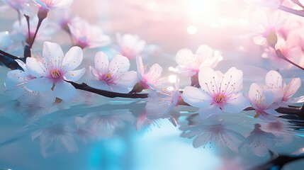 Dew-covered cherry blossoms in pink and blue hues create a dreamy, ethereal aesthetic.