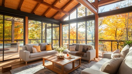 Fototapeta premium Stunning Autumnal Wide Shot Photo: Cozy Living Room with Panoramic Forest Views. AI Generated