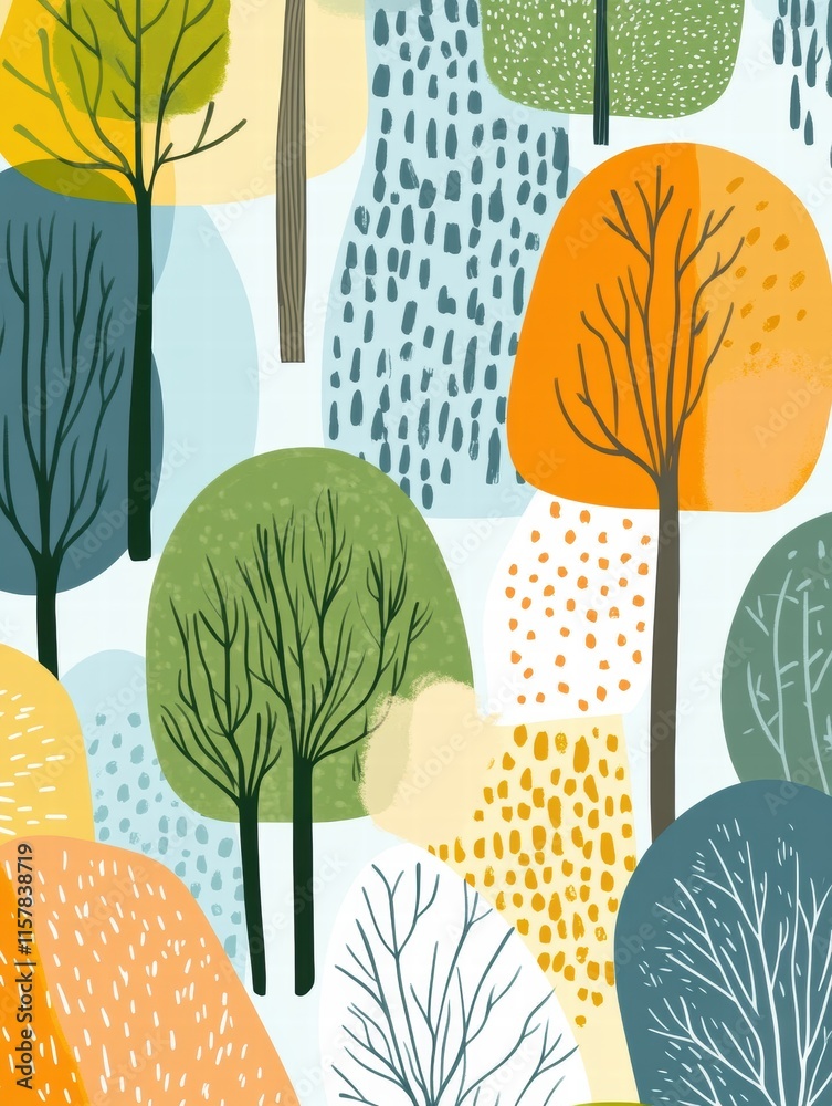 Fototapete Colorful naive art style background featuring trees and abstract shapes with space for text or mock up design. Generative AI