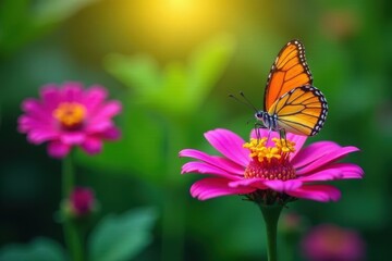 Vibrant butterfly perches on a colorful flower stem , floral, bloom