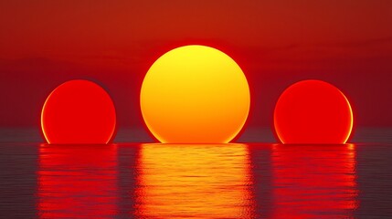 Triple sunset over calm water.