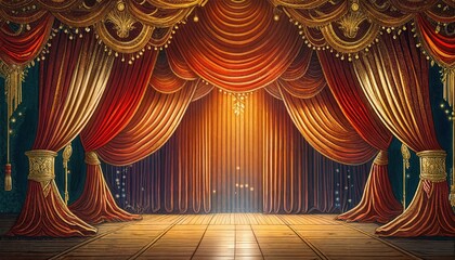 Realistic Red Dramatic Curtains with Spotlight on Stage Classic Theatrical Drapery Template for Stage Design and Performance Settings