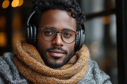 Sitting at his workspace, a young man with a smile and headphones is typing on his laptop, joining an online webinar or lesson.