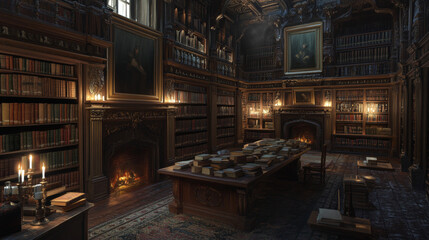 Victorian library with towering bookshelves, candlelight, rich tapestries, a wooden table, and a crackling fireplace, creating a warm, scholarly atmosphere of old manuscripts and leather-bound books