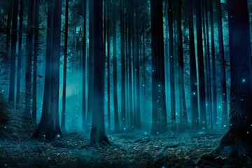 Trail through a fog-shrouded, ancient dark forest in autumn