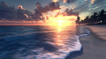 Serene Sunset Over Soft Sandy Beach and Ocean Waves