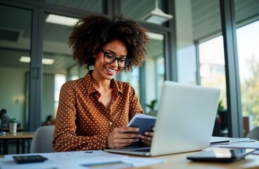 Young Latin American woman works in modern office. Sits at desk using tablet, laptop. Reviews financial documents, accounts. Pro businesswoman in modern workplace. Efficient, focused on tasks.
