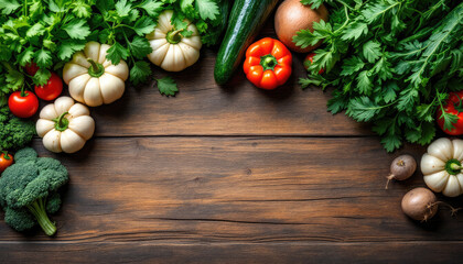  A rustic wooden table displays an array of fresh vegetables, including white pumpkins, red bell peppers, broccoli, and parsley, arranged in a visually appealing manner.