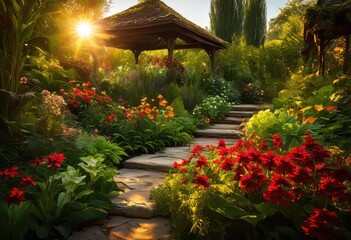 Fototapeta premium exquisite textures showcasing lush natural elements vibrant garden filled flora organic designs, bloom, flower, foliage, leaf, petal, grass, plant, shrub