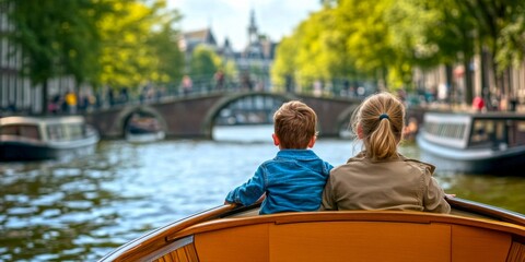 A serene moment shared on a boat ride in a picturesque city. The gentle waters reflect the beauty of nearby trees, creating a peaceful atmosphere. Enjoying nature is the ultimate escape. AI