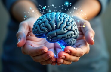 Human hands gently hold 3d model of brain. Tech, info intelligence concept. Brain presented as complex digital object with glowing neural network connections. Futuristic view of mind, information.