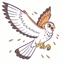 A cheerful kestrel hovering in mid-air with sharp, happy eyes