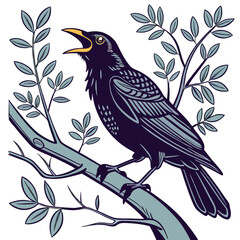 A gleeful blackbird singing on a branch with its beak wide open,