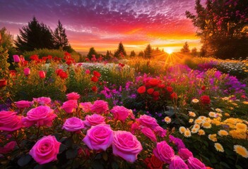 Fototapeta premium vibrant flower beds blooming dew covered petals under glowing sunrise sky illuminating colourful garden scene, blossom, botanical, scenery, freshness