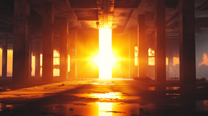 Intense Light Beam Illuminates Derelict Building: Digital Painting in a Dramatic, Atmospheric Style. AI Generated