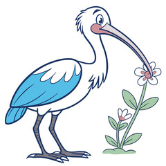 Fototapeta premium A grinning ibis holding a small flower in its beak