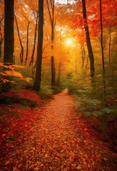 Fototapeta premium vibrant autumn forest path surrounded brilliant foliage transitioning from green red leaves, trees, trail, nature, sunlight, scenery, woodland, color
