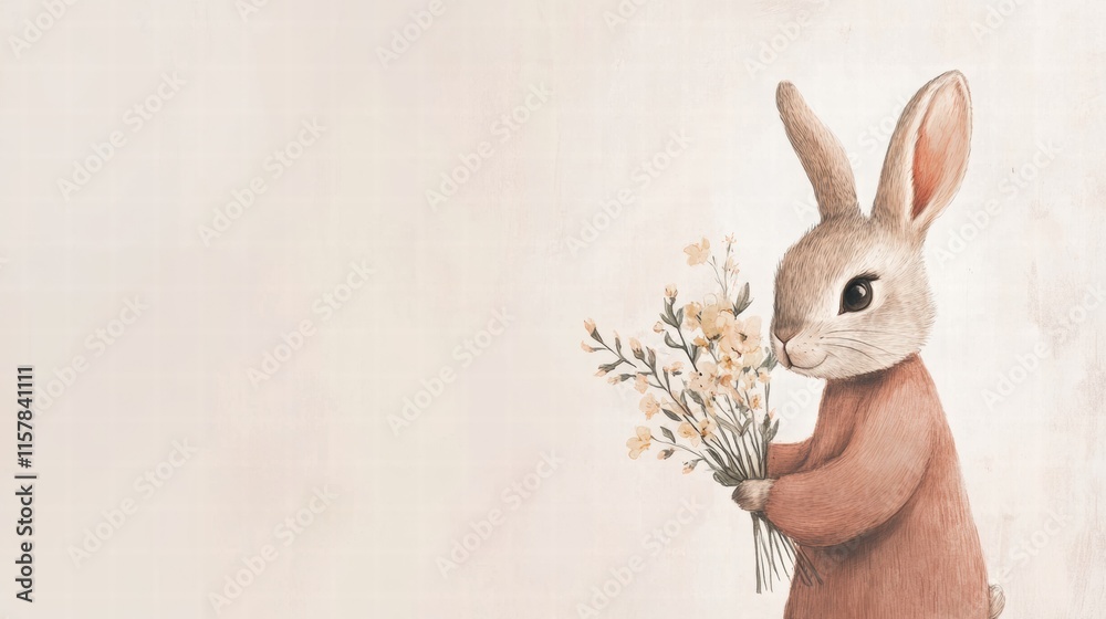 Fototapete cuddly rabbit in a cozy setting holding a cheerful bouquet of flowers with ample copy space for your