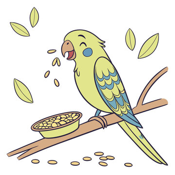 yellow parakeet eating seeds on branch clip art preview