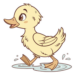 A playful duckling waddling on a tiny puddle
