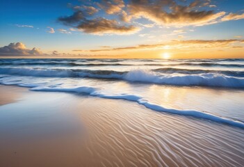 Fototapeta premium tranquil wave patterns gently lapping golden sandy shoreline under bright blue sky fluffy white clouds, beach, coastline, ocean, sea, tide, water