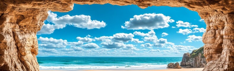 Obraz premium A panoramic view of Cathedral Cove beach in summer, deserted, during the daytime