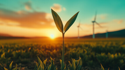 Green plant thriving in a rural landscape at sunset with wind turbines in the background