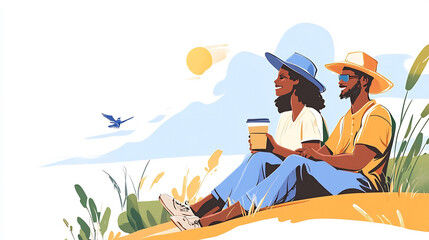 Obraz premium Relaxing Couple Enjoying Scenic Vista: Vibrant Summer Illustration. AI Generated