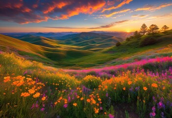 Obraz premium majestic rolling hills bathed warm sunset light featuring vibrant colors that create breathtaking natural landscape, nature, scenery, outdoor, silhouette