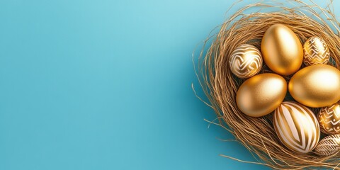 A beautifully vibrant and carefully arranged collection of golden Easter eggs nestled in a natural straw nest symbolizes the joy, hope, and renewal experienced during the festive Easter celebration