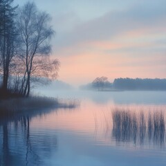 Fototapeta premium Lakeside enveloped in morning fog with pastel sunrise reflections and silhouettes.