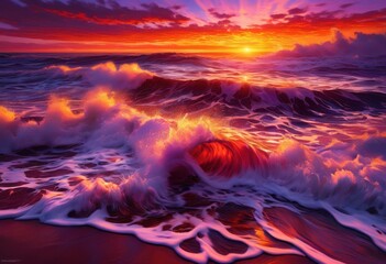 Fototapeta premium dynamic wave patterns sunset untouched shore vibrant colors powerful nature elements, ocean, beach, sky, clouds, water, reflection, vibrancy, landscape