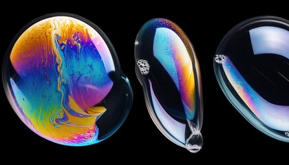 A Set of Realistic Transparent Colorful Soap Bubbles with Stunning Rainbow Reflections Isolated on a Transparent Background for Creative and Artistic Projects
