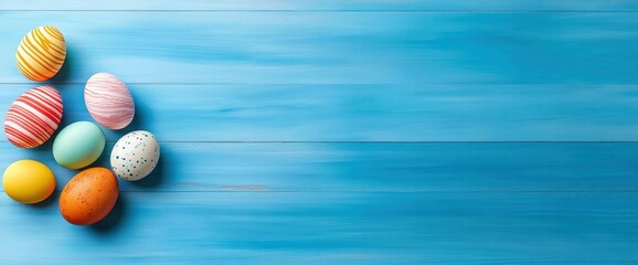 A vibrant collection of colorful Easter eggs is thoughtfully arranged upon a bright blue background, creating a festive atmosphere that beautifully celebrates the essence of spring and renewal
