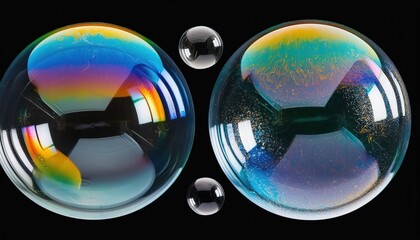 A Set of Realistic Transparent Colorful Soap Bubbles with Rainbow Reflection Isolated on a Transparent Background, Perfect for Creative Projects, Graphics, and Digital Art Applications