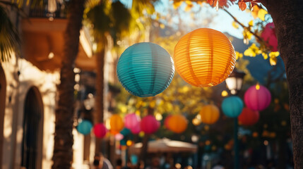 Obraz premium Colorful lanterns brighten up vibrant street festival in the heart of the city