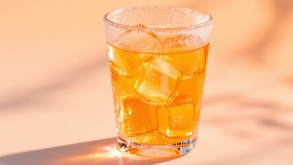 Close-up of an orange drink with ice cubes in a glass on a light orange background with shadows under studio lighting