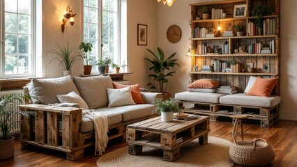 Fototapeta premium Wide shot of a cozy living room interior with pallet furniture, plants and soft lighting under studio light