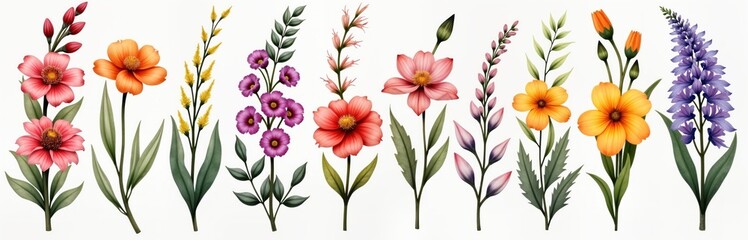 Collection of beautiful colorful flowers. Floral design set with various blossom types. Isolated botanical illustration with decorative elements. Hand drawn watercolor style flowers, leaves. Perfect