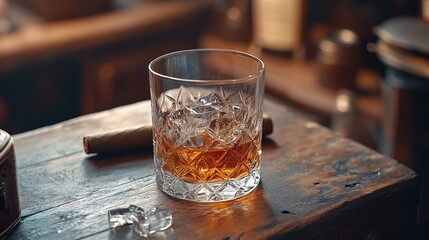 A glass of whiskey on the rocks with a cigar and leather case nearby.