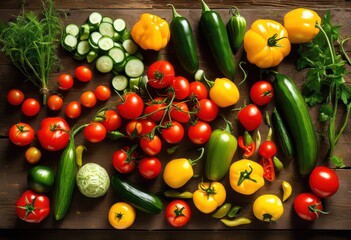 captivating flat lay vibrant vegetable garden featuring array fresh produce colorful elements lively visual experience, aerial, arrangement, basket