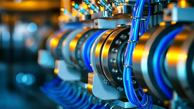 Close Up of Operational Industrial Machinery with Blue Wiring