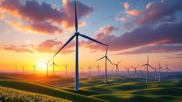 Wide angle view of wind turbines on rolling green hills at sunset under a colourful sky with soft clouds