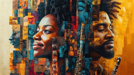 Vibrant Black culture collage with Afrocentric patterns, traditional instruments, and smiling portraits.

