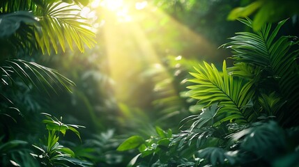 Sunlight filtering through dense foliage in a lush tropical rainforest.